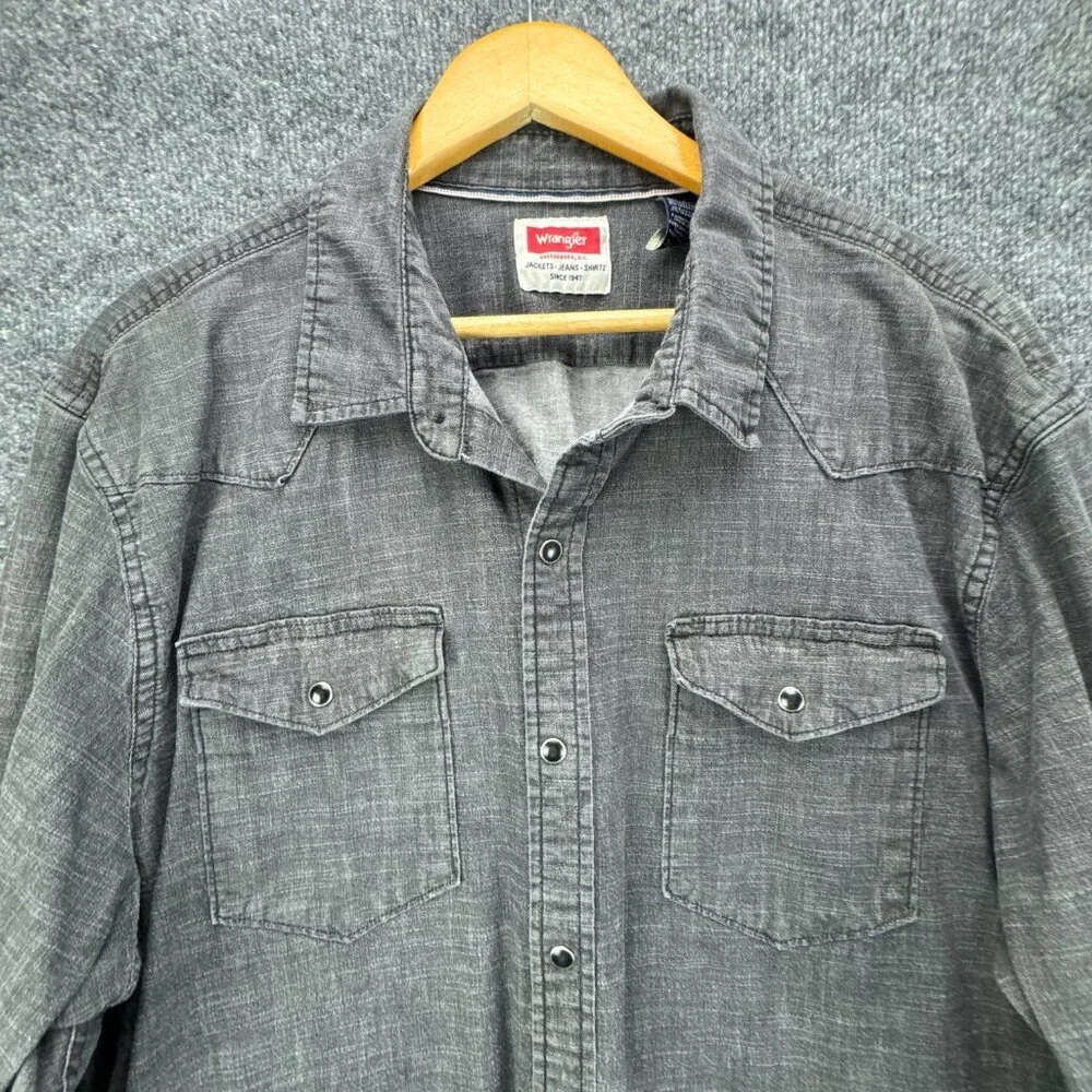 Wrangler Pearl Snap Denim Shirt Mens 2XL Gray Western Cowboy Rodeo Workwear - Picture 2 of 14